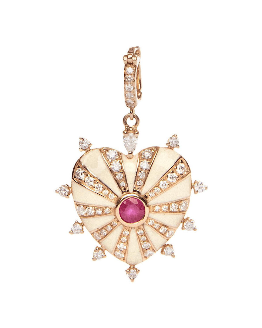 Large Mila Heart Pendant - Ivory Enamel, Ruby