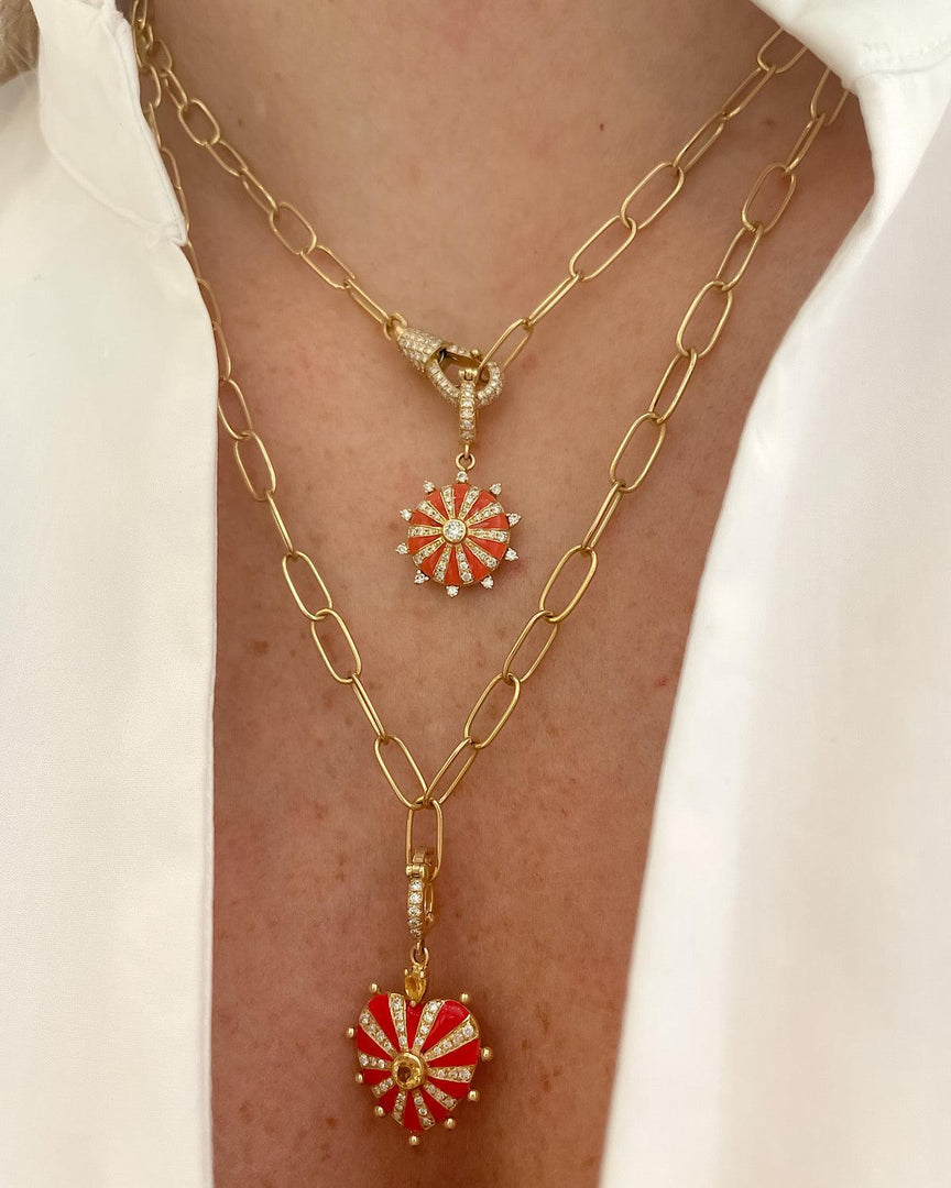 Small Mila Sun Pendant- Orange Enamel, Diamonds