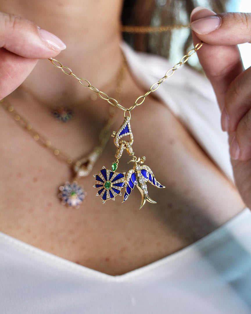 Alicia Bird Pendant - White Diamonds, Blue Lapis Enamel