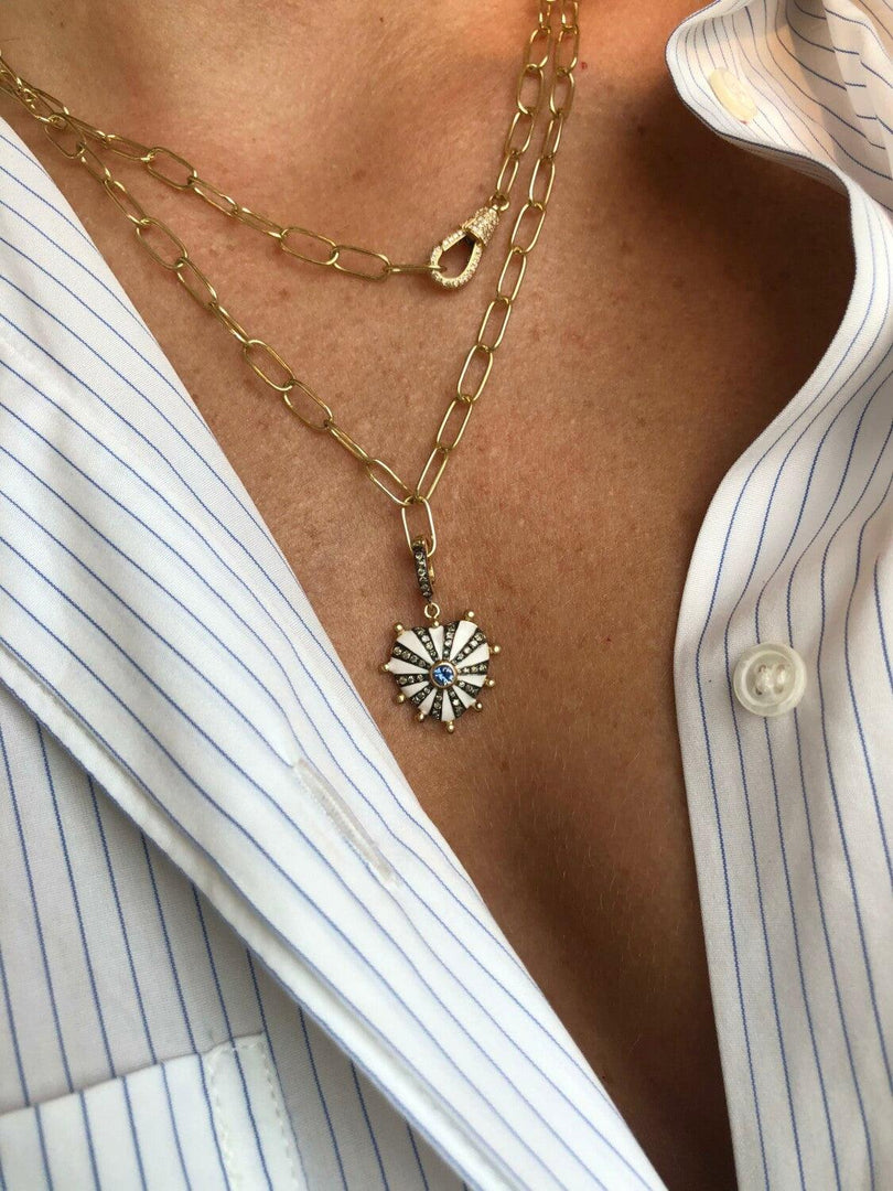 Medium Mila Heart Pendant- Ivory Enamel, Blue Sapphire, Brown Diamonds