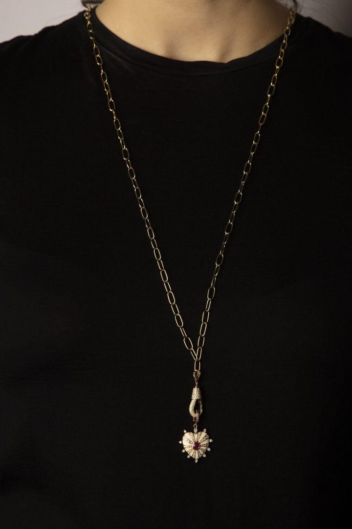 Large Mila Heart Pendant - Ivory Enamel, Ruby