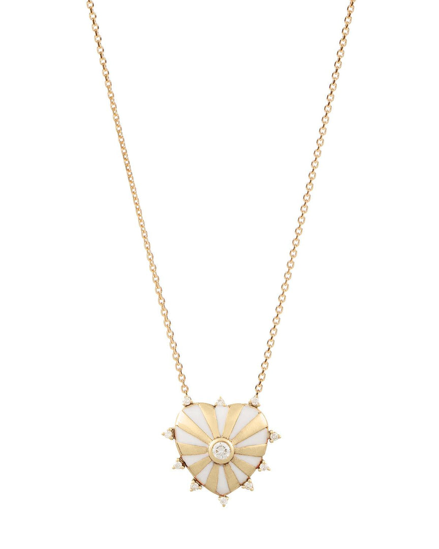 Mini Mila Heart Necklace with Diamonds, White Enamel