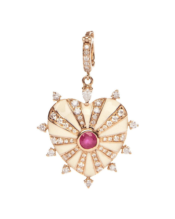 Large Mila Heart Pendant - Ivory Enamel, Ruby