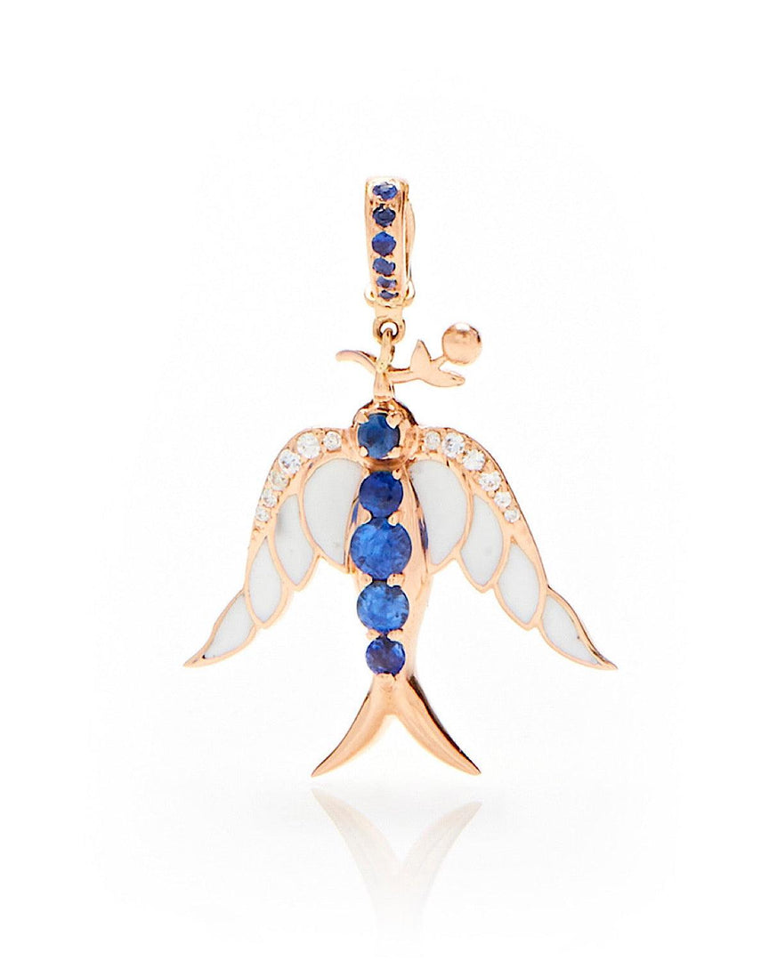 Alicia Bird Pendant- Blue Sapphires, White Enamel, Rose Gold