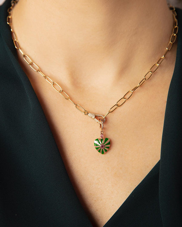 Small Mila Heart Pendant- Green Enamel, Pink Sapphire