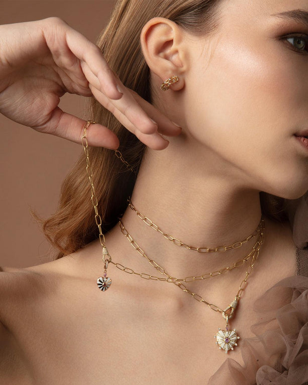 Small Mila Heart Pendant- White  Enamel, Pink Sapphire