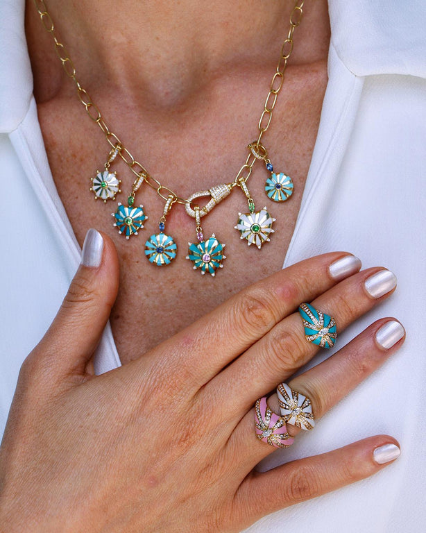 Small Mila Sun Pendant- Turquoise Enamel, Blue Sapphire