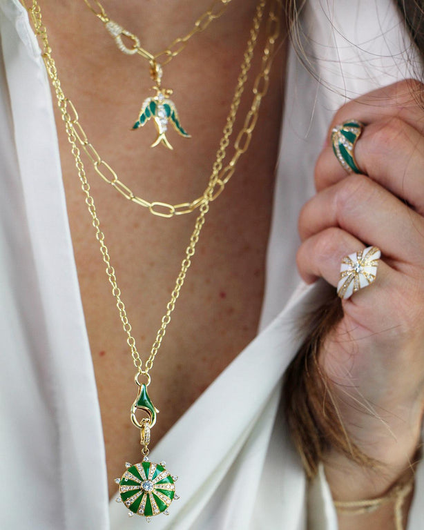 Large Mila Sun Pendant- Green Enamel, Diamonds