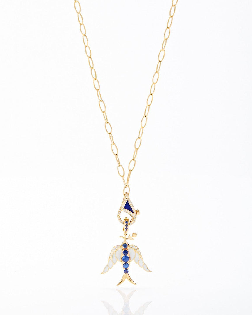 Alicia Bird Pendant- Blue Sapphires, White Enamel, Rose Gold