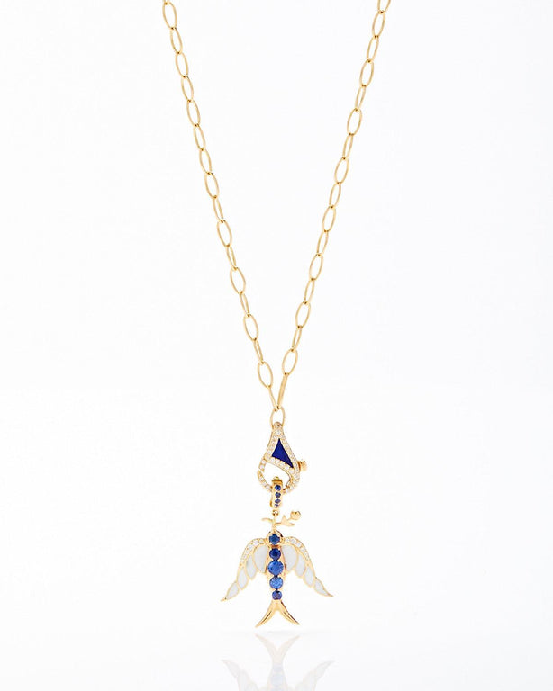Alicia Bird Pendant- Blue Sapphires, White Enamel, Rose Gold