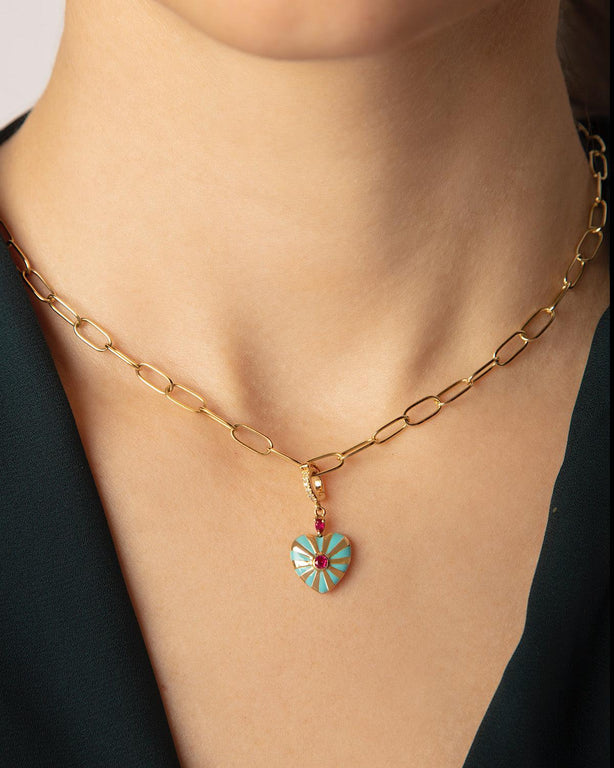 Small Mila Heart Pendant- Turquoise Enamel, Ruby