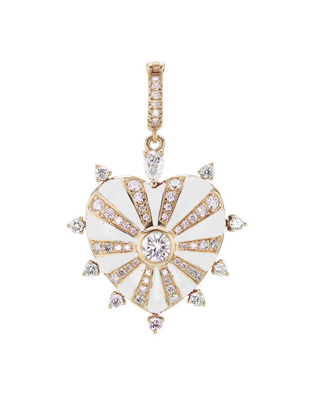 Large Mila Heart Pendant- White Enamel, Diamonds