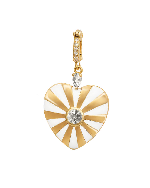 Large Mila Heart Pendant , White Enamel , White Diamonds- Yellow Gold