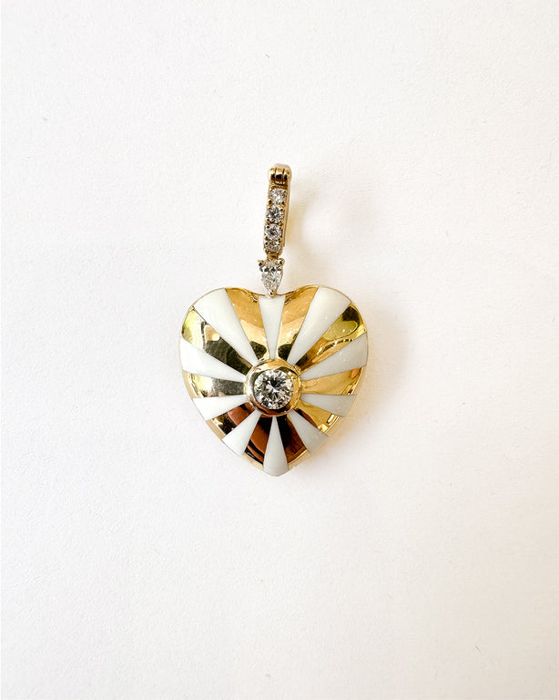 Large Mila Heart Pendant , White Enamel , White Diamonds- Yellow Gold