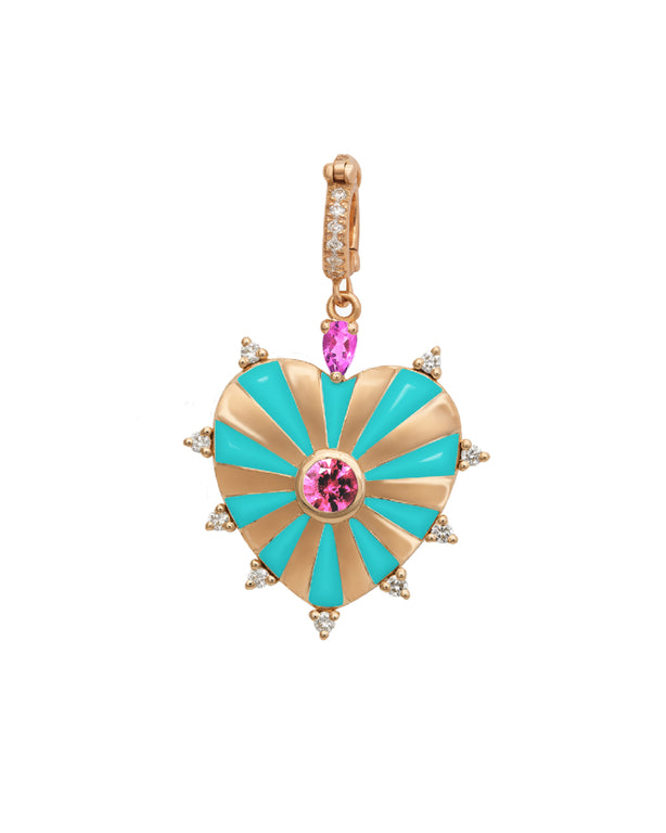 Medium Mila Heart Pendant- Turquoise Enamel, Pink Sapphire, Rose Gold