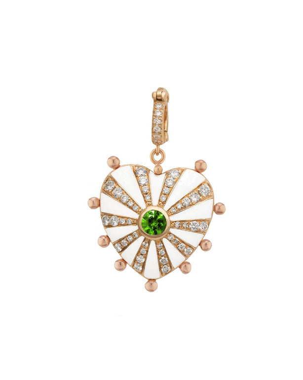 Medium Mila Heart Pendant- White Enamel, Green, White Diamond, Yellow Gold
